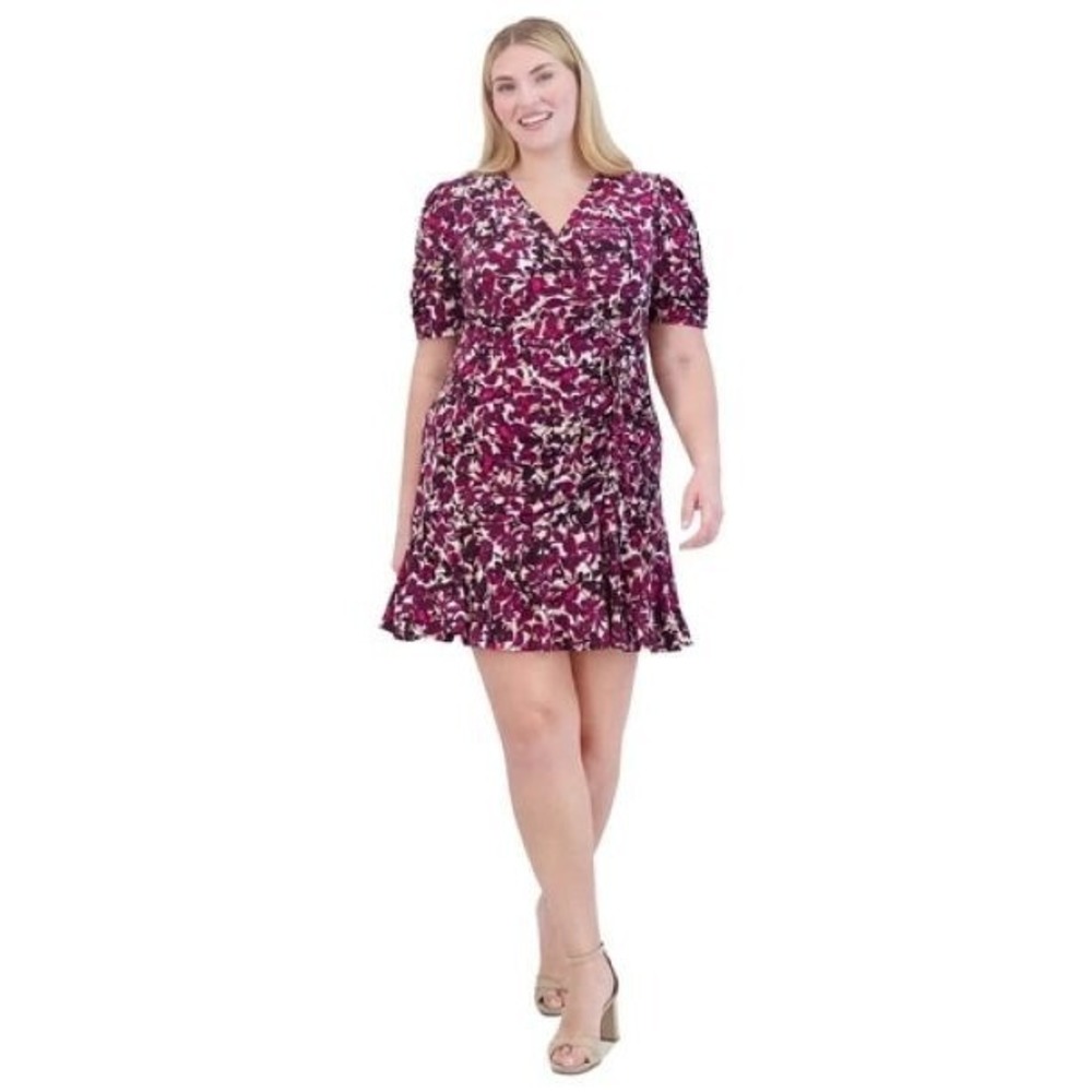 Jessica Howard Dress 18 W Ruched Flounce Hem A Line Maroon Multi V neck Lined - Picture 2 of 13